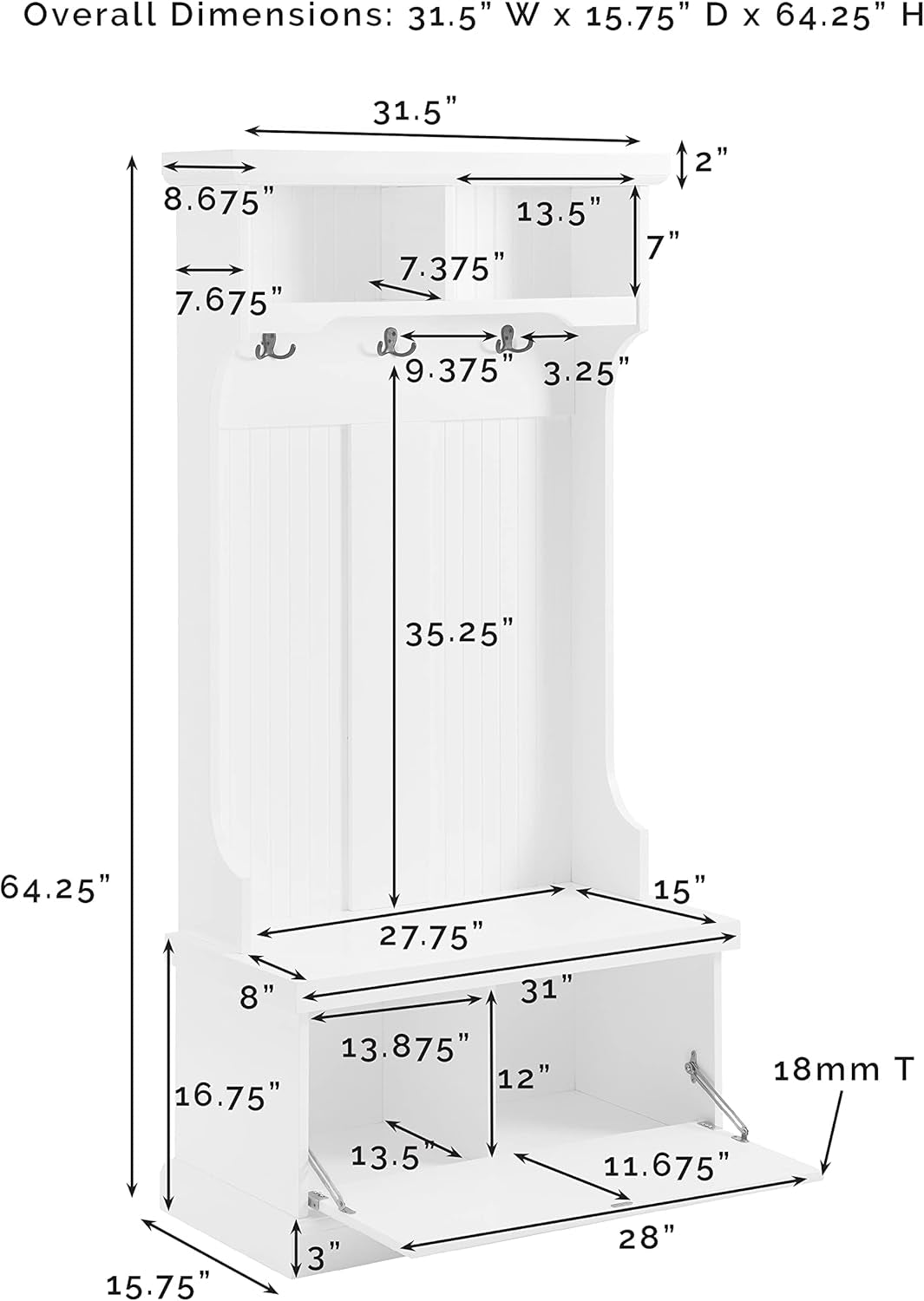 Shoreline Hall Tree with Storage Cabinets and Coat Rack Hooks for Hanging, White