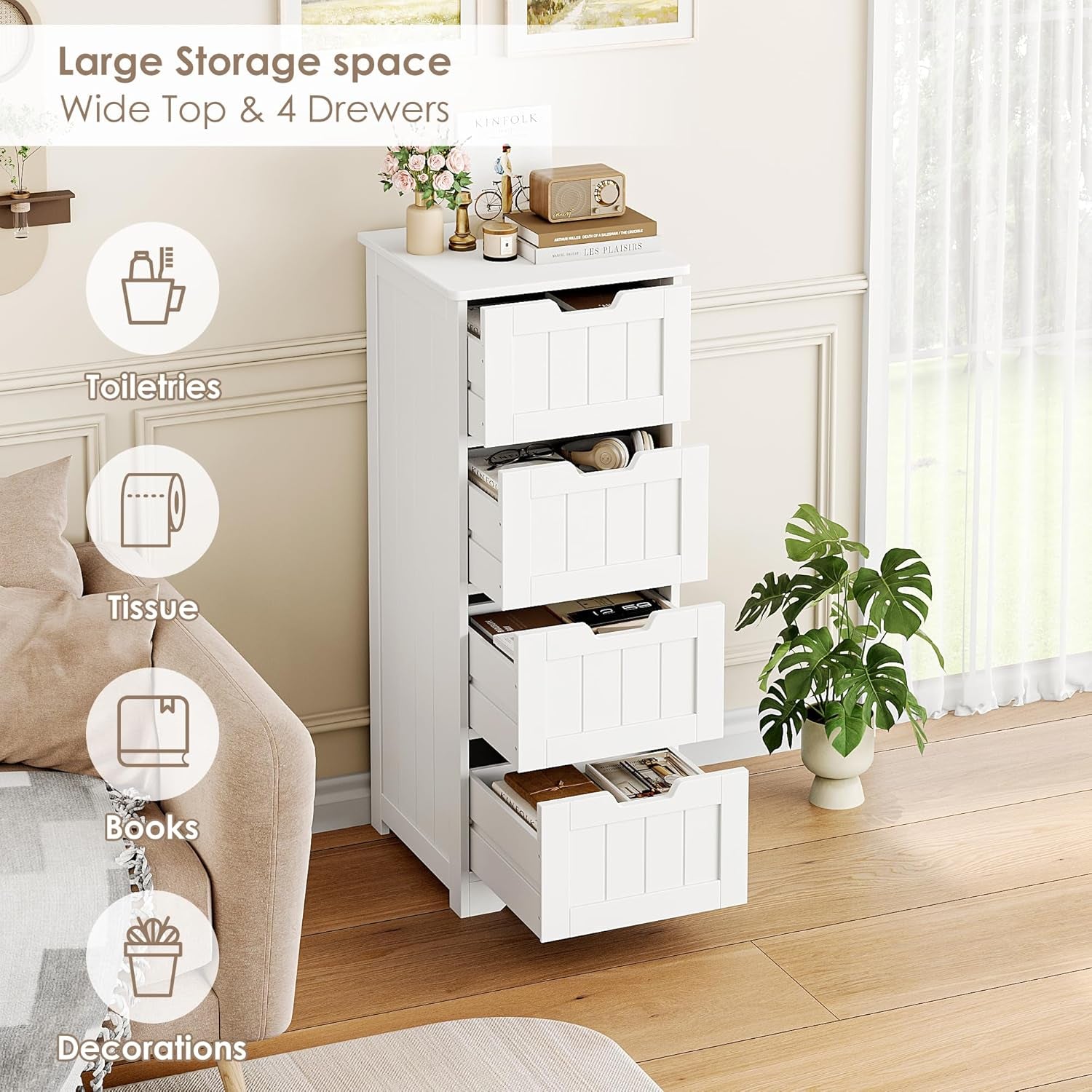 Bathroom Storage Cabinet, Bathroom Cabinet with 4 Drawers, 11.8” X 11.8” X 32.5” Freestanding Entryway Cupboard Storage Organizer Unit Home Furniture Decor, White