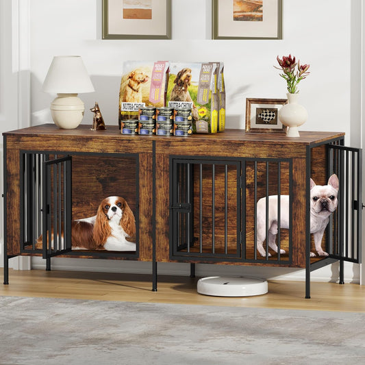 Dog Crate Furniture for 1 or 2 Dogs, Heavy Duty Single/Double Dog Crates for Small/Medium/Large Dogs, Dog Kennel Furniture Indoor as TV Stand, Small Size 55.12" L(0-20 Pounds), Brown