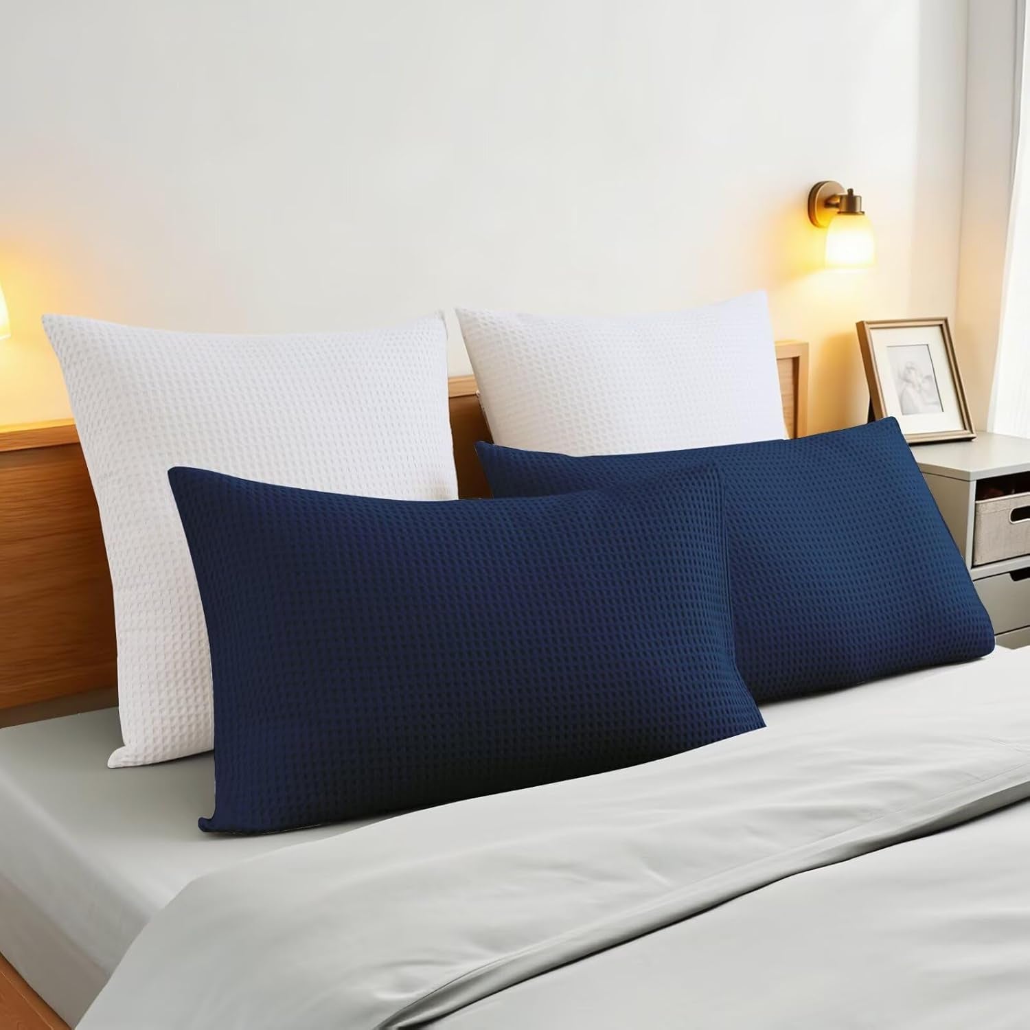 100% Cotton Waffle Weave Pillow Shams Set of 2, 600TC Solid Reverse Side, Envelope Closure, Skin-Friendly & Durable Decorative Pillow Covers for Bed, Navy Blue, King Size 20"X36"