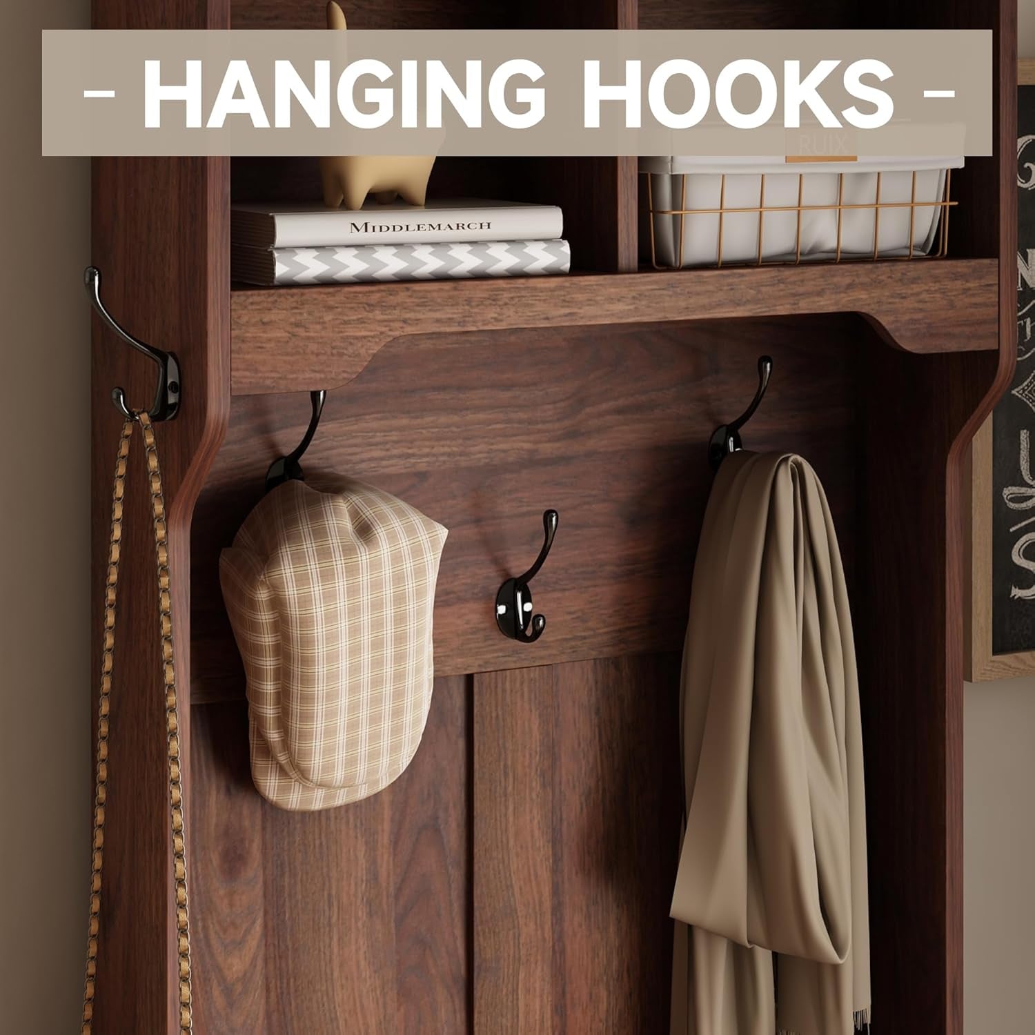 Farmhouse Narrow Coat Rack with Shoe Storage, 6 Shoe Cubbies & 4 Coat Hooks, Hall Tree with Shoe Storage, Entryway Bench with Adjustable Shelves for Hallway, Living Room, Mudroom, Brown