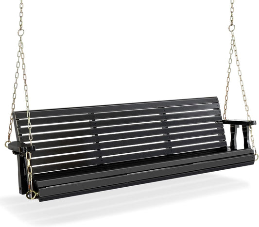 Upgraded Patio Wooden Porch Swing for Courtyard & Garden, Heavy Duty 880 LBS Swing Chair Bench with Hanging Chains for Outdoors (Black, 5 FT)