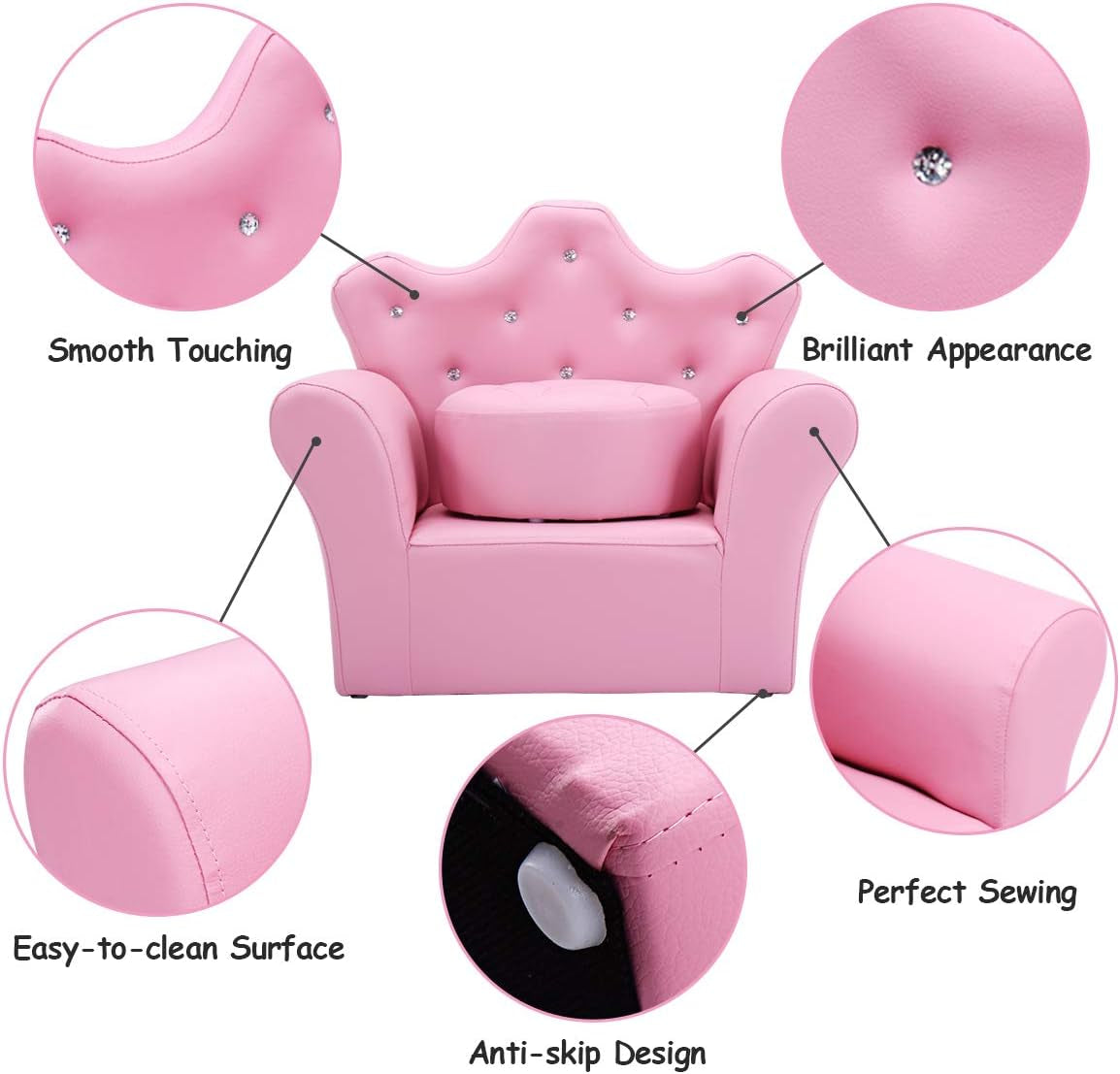 Kids Sofa, Children Upholstered Sofa with Ottoman, Princess Sofa with Diamond Decoration, Ottoman, Smooth PVC Leather Toddler Chair, Kids Pink Couch for Preschool Boys and Girls Gift (Pink)