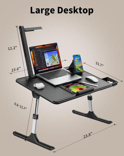 Laptop Table with LED Desk Light,  Laptop Stand for Bed, Height Adjustments Bed Desk with Book Stand for Reading Writing Drawing (Black)