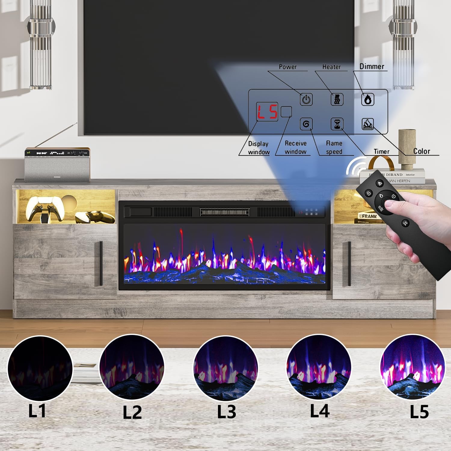 Fireplace TV Stand with 36" Fireplace up to 80" Tvs,70" Entertainment Center with LED Lights,Remote Control,Tv Media Console with Storage Cabinets for Living Room, Gray