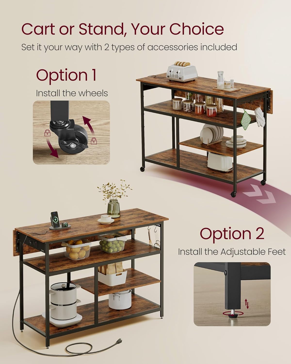 Kitchen Island with Drop Leaf, 47.2" Width Rolling Kitchen Cart with Power Strip, Extendable Worktop, Workbench,Pegboard, Adjustable Shelf, Golden Oak and Cloud White UKKI013Y01