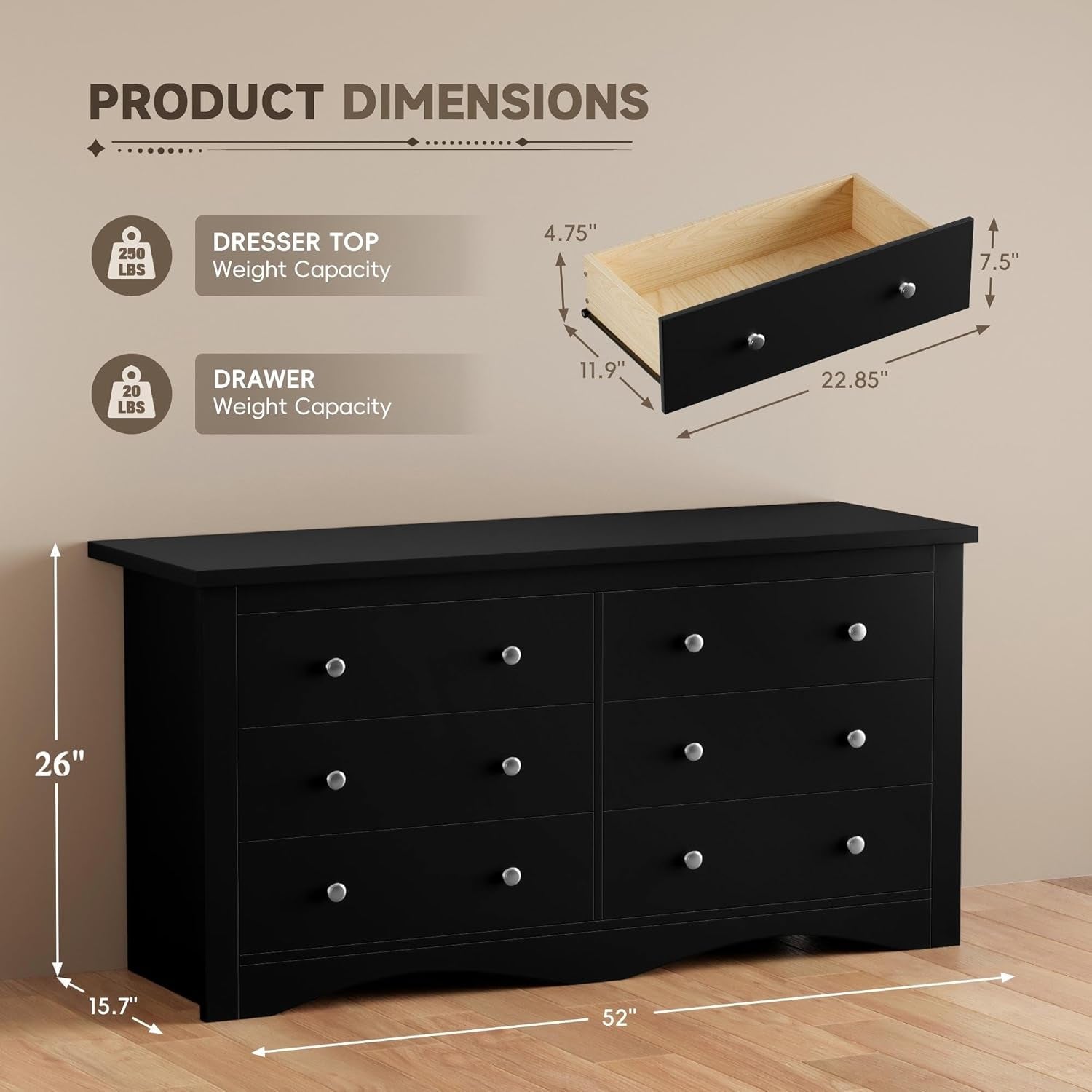 Dresser for Bedroom, 6 Wood Dresser, Chest of Drawers, for TV up to 65 Inch, TV Stand Storage Chest of Drawers for Hallway Entryway (Black)