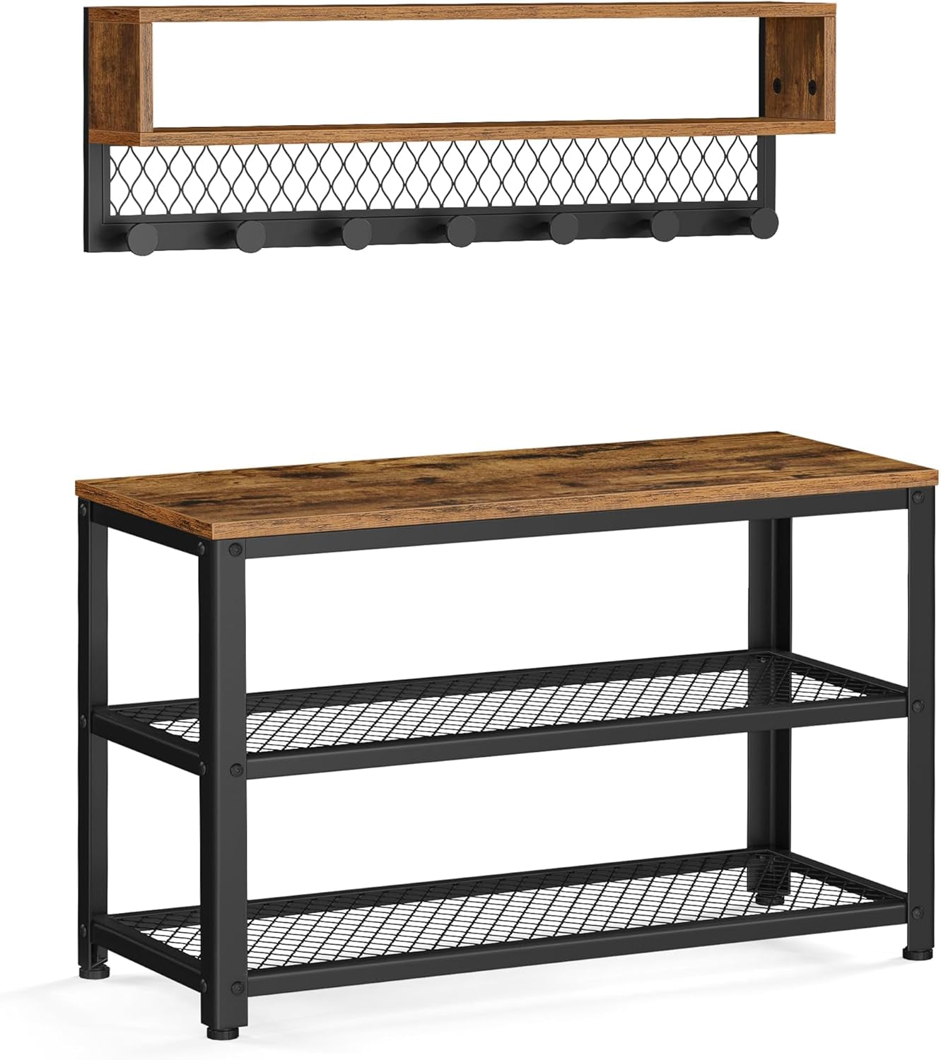 Coat Rack Shoe Bench Set, Hall Tree with Bench, Entryway Furniture, Multifunctional, Dot Coat Hooks, 2-Tier Shoe Rack, Industrial Style, for Entryway, Hallway, Rustic Brown ULCR073K01