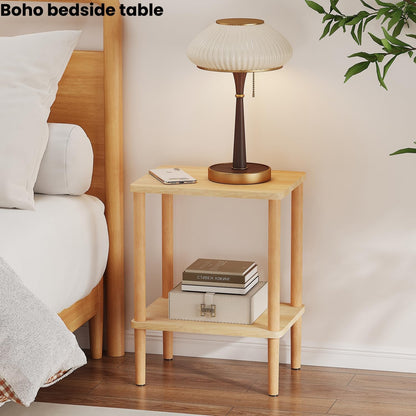 Solid Wood Side Table, 2-Tier Small End Table with Storage Shelf, Narrow Nightstand Bedside Table for Small Spaces, Bedroom, Living Room, Farmhouse, No-Tool Assembly.