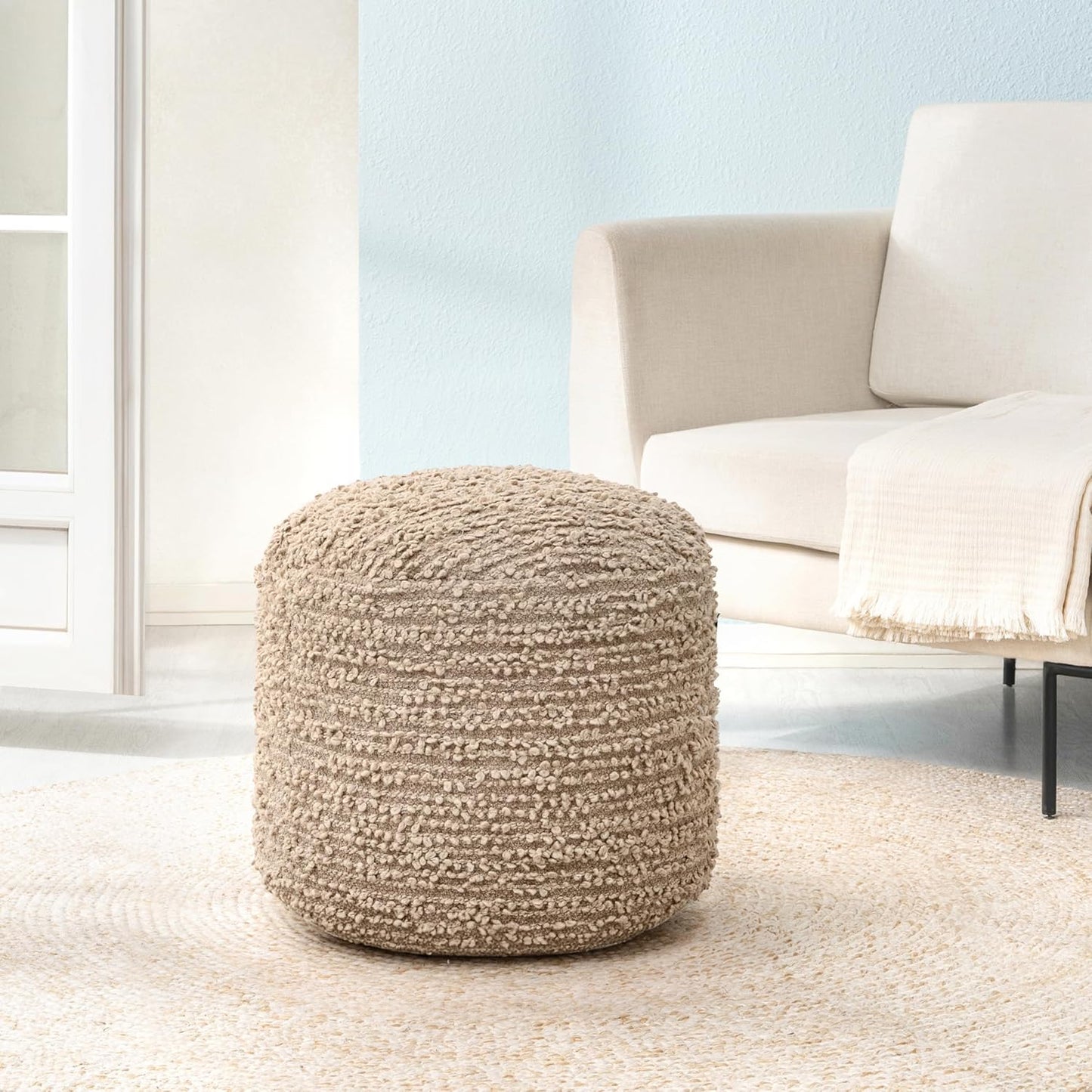 Artisan Crafted Cotton Blend Pouf Ottoman | Versatile Floor Seating & Footstool for Living Room | Modern Boho Home Décor Accent | Filled Pouffe