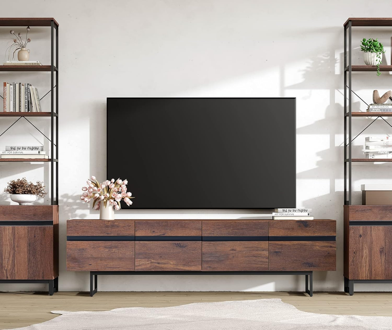 Modern TV Console for Living Room, 2 in 1 Wooden TV Stand with Storage for 100 Inch TV, TV Entertainment Center with Adjustable Cabinet Doors for Bedroom,Game Room,Brown