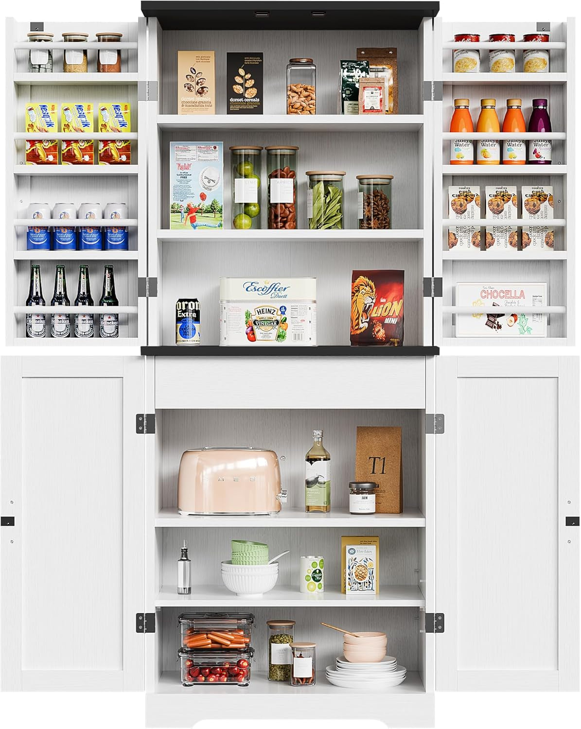 Kitchen Pantry Storage Cabinet with Barn Doors, Drawer and Adjustable Shelves, 6-Tier Tall Rustic Wood Cupboard Locker for Kitchen, Dining Room, Living Room, Bathroom, (White)