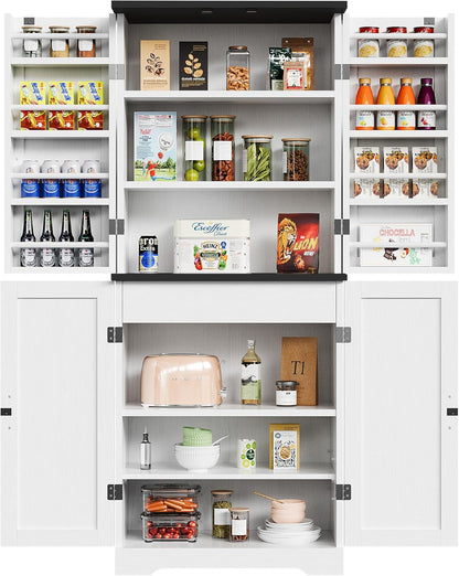 Kitchen Pantry Storage Cabinet with Barn Doors, Drawer and Adjustable Shelves, 6-Tier Tall Rustic Wood Cupboard Locker for Kitchen, Dining Room, Living Room, Bathroom, (White)