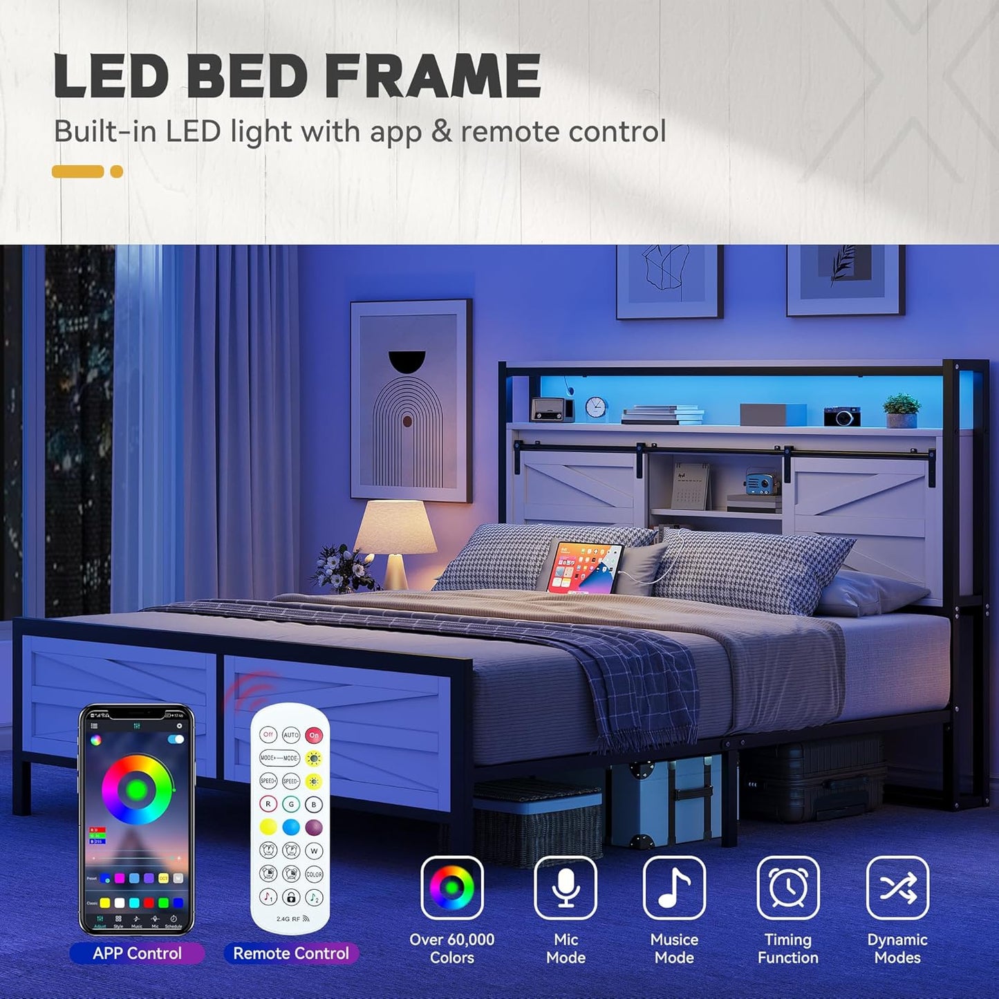 Farmhouse Bed Frame with Storage Headboard Queen Size, Platform Bed Frame with LED Lights and Charging Station, Sliding Barn Door, Solid Metal Slats, No Box Spring Needed (White)