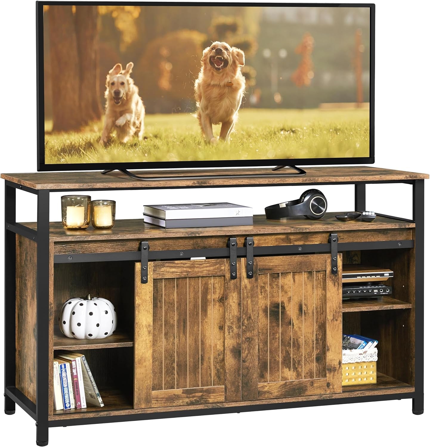 TV Stand for 65 Inch TV, Farmhouse Entertainment Center with Storage, Wood Tall TV Stands for Living Room with Sliding Barn Doors, Rustic Brown