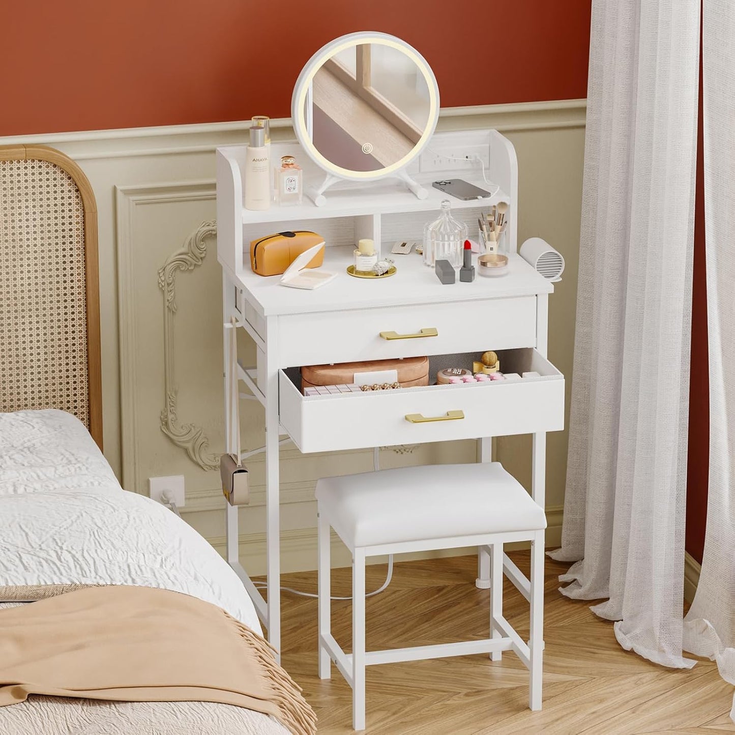 White Small Vanity Desk Set with Lighted Mirror and Chair, Makeup Dresser with 2 Fabric Drawers, Power Outlet, Compact Table with Cushioned Stool for Bedroom Small Space