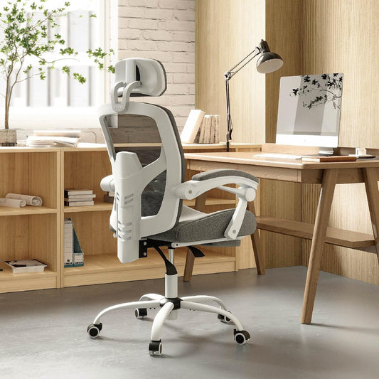 Office Computer Desk Chair with Footrest,Ergonomic High-Back Mesh Rolling Work Swivel Chairs with Wheels,Comfortable Lumbar Support,Comfy Arms for Home,Bedroom,Study,Student,Light Grey