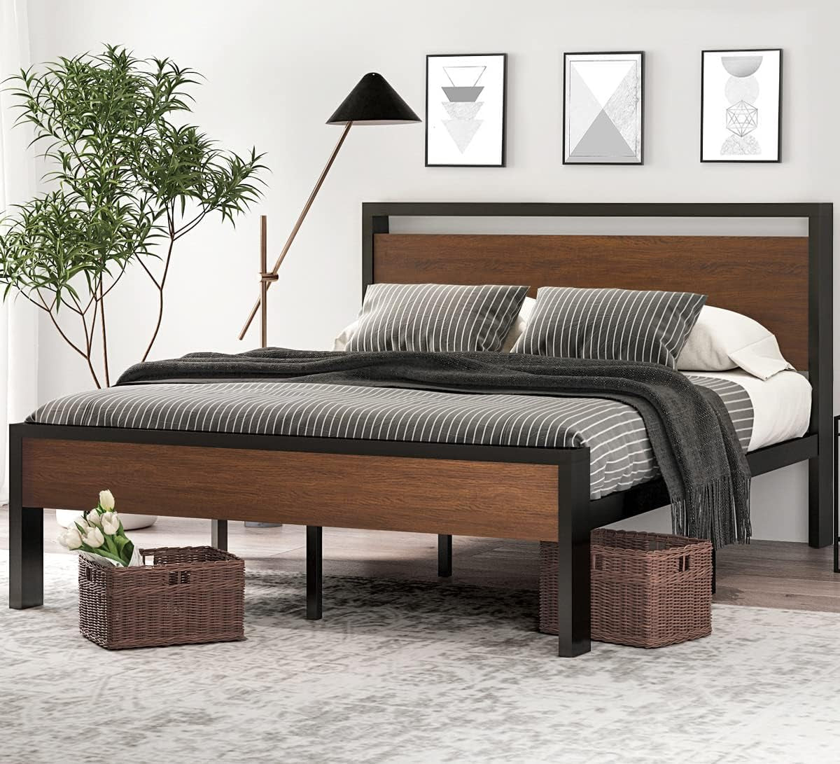 14 Inch Queen Size Metal Platform Bed Frame with Wooden Headboard and Footboard, Mattress Foundation, No Box Spring Needed, Large under Bed Storage, Non-Slip without Noise, Walnut