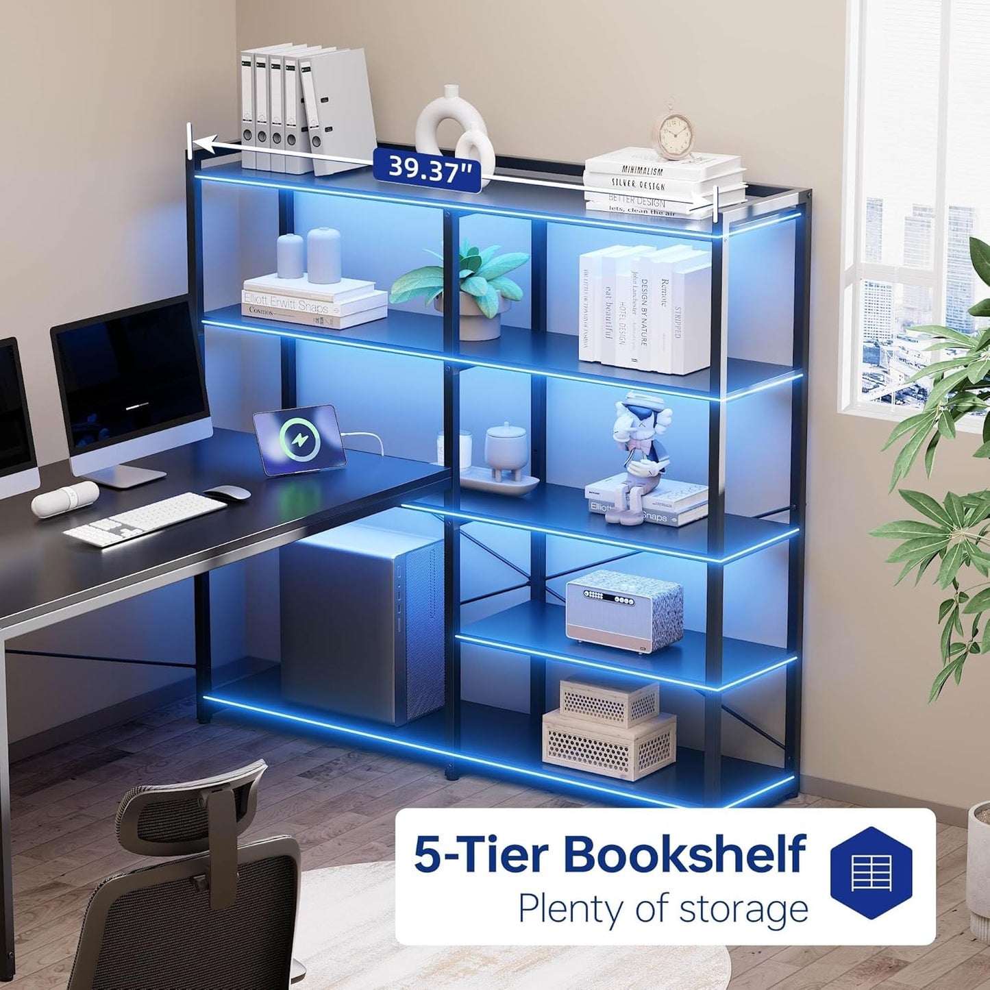 L Shaped Computer Desk with Reversible Side Storage Shelves, 49 Inch Gaming Desk with Power Outlets and Led Lights, PC Table for Home Office and Bedroom Black