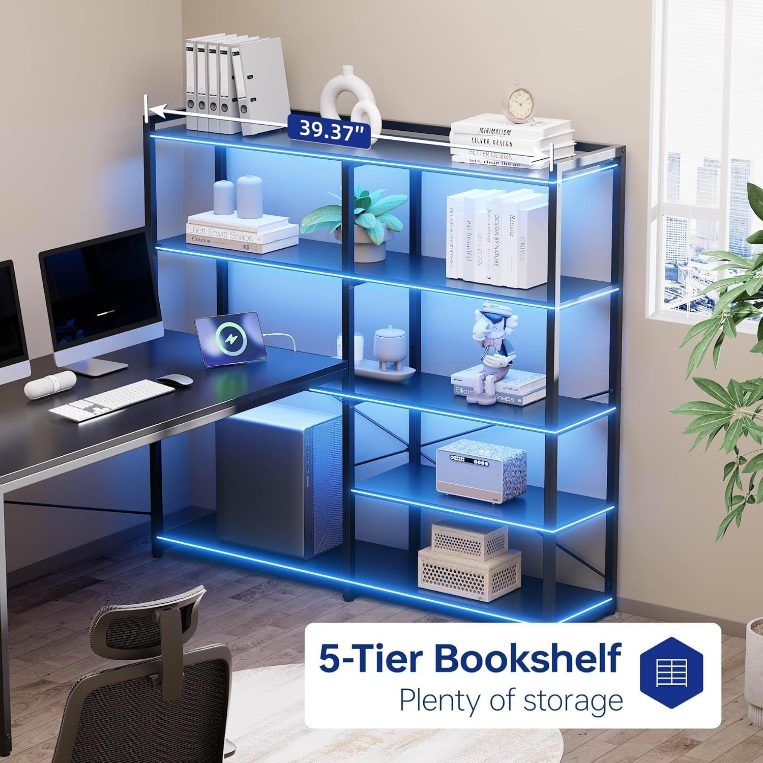 L Shaped Computer Desk with Reversible Side Storage Shelves, 49 Inch Gaming Desk with Power Outlets and Led Lights, PC Table for Home Office and Bedroom Black