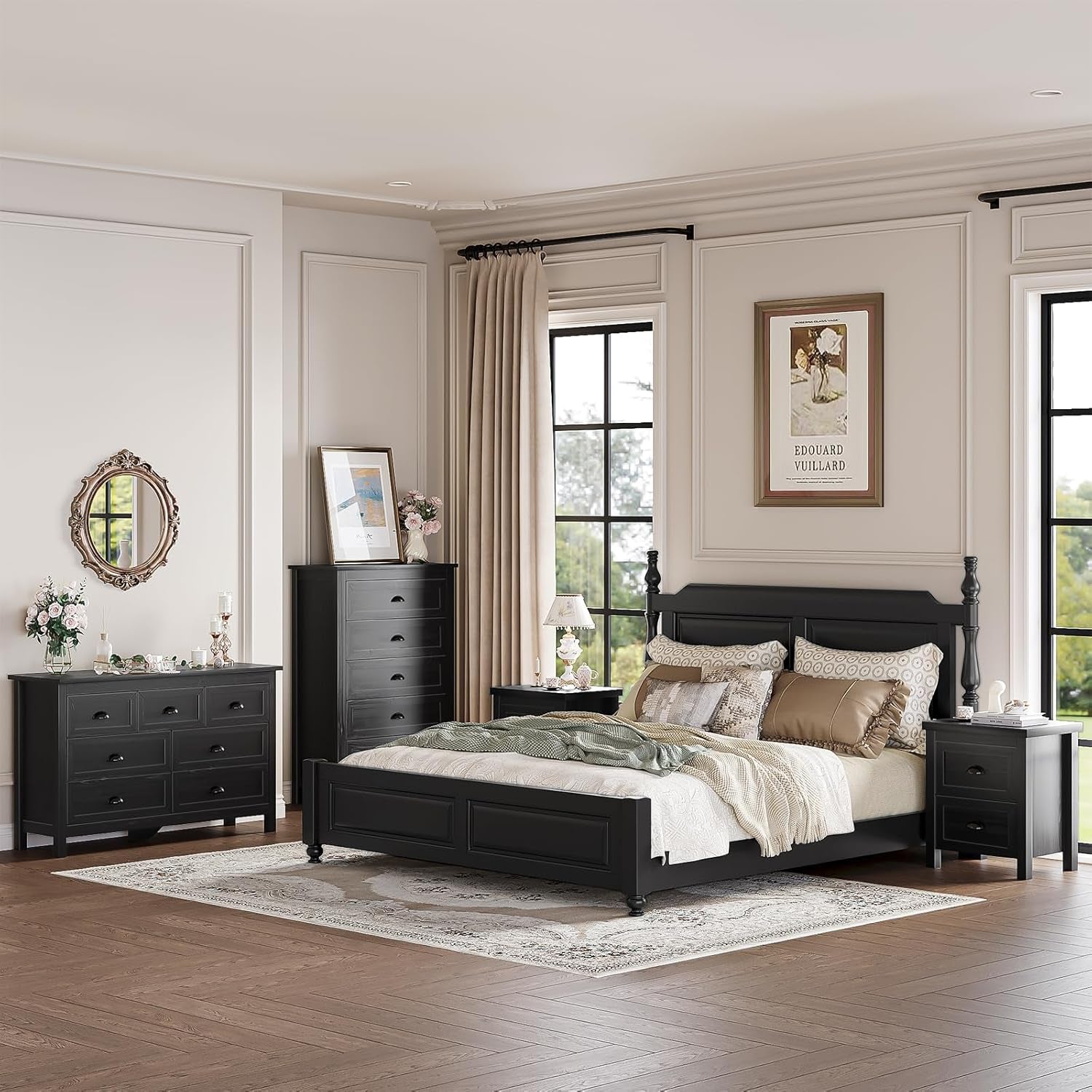 4-Piece Farmhouse Bedroom Dresser Set, 7 Drawer Double Dresser & 5 Drawer Tall Dressers & 2 Nightstands with 2 Drawers