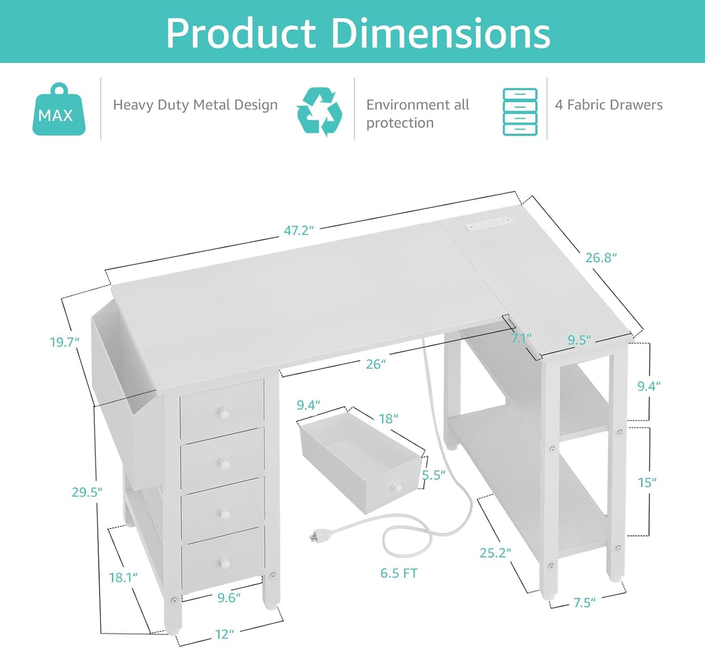White L Shaped Computer Desk with Drawers & Storage Shelves, 47 Inch Corner Reversible Desk with Power Outlet for Home Office Bedroom, L-Shaped Teen PC Desks with Fabric Drawer, White
