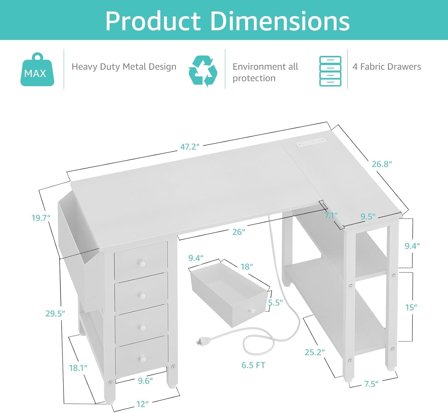 White L Shaped Computer Desk with Drawers & Storage Shelves, 47 Inch Corner Reversible Desk with Power Outlet for Home Office Bedroom, L-Shaped Teen PC Desks with Fabric Drawer, White