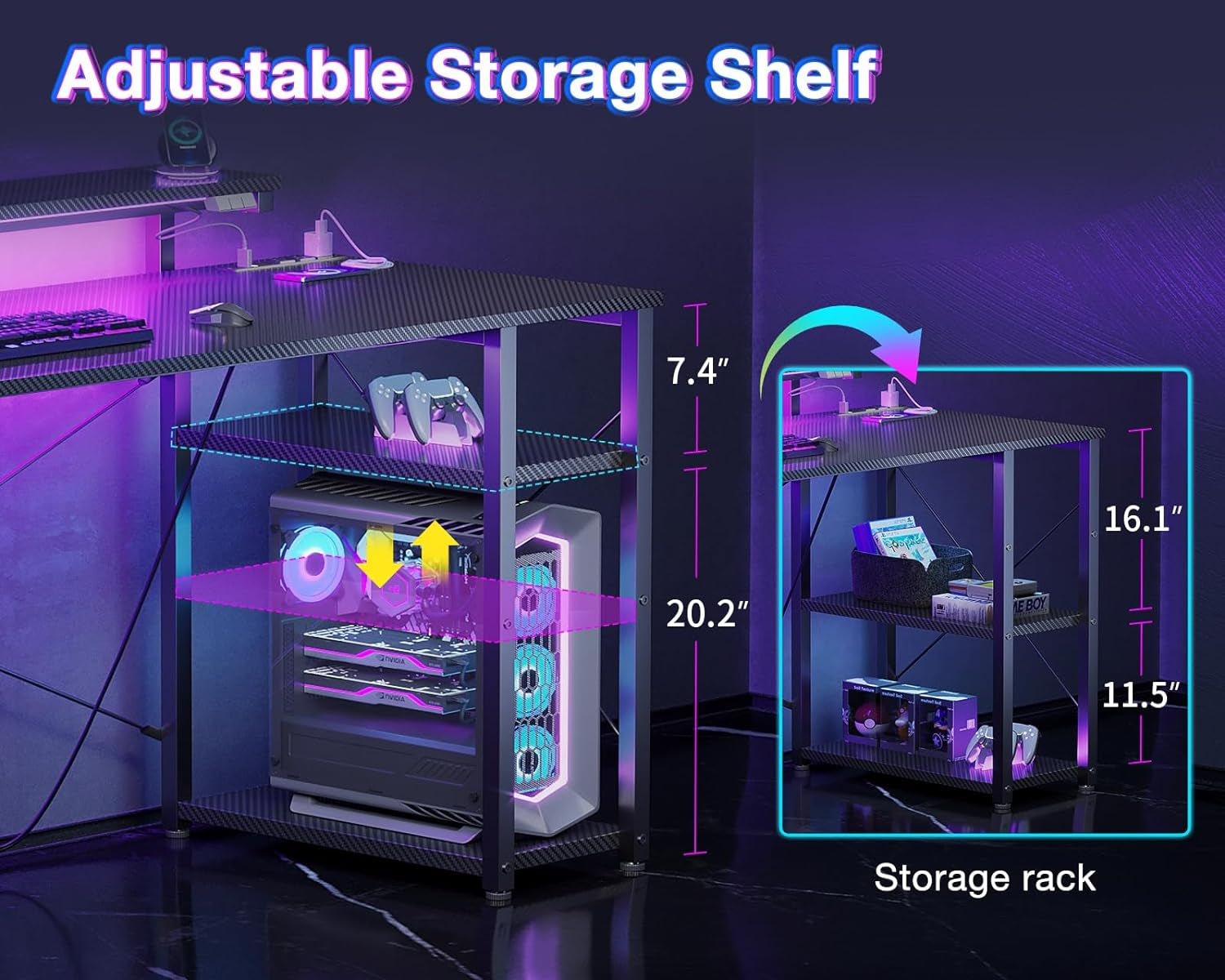 40 Inch Small Gaming Desk with Storage & Led Lights, Computer Desk with Power Outlet & Shelf, Reversible Gamer Desk with Adjustable Monitor Stand, Carbon Fiber Texture Black