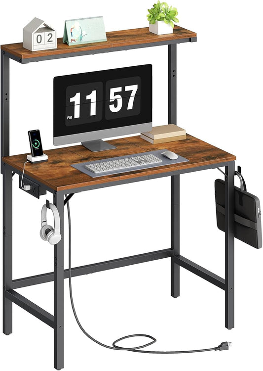 Small Computer Desk, 28.3" Desk for Small Spaces, Office Desk with Power Outlet & Adjustable Monitor Stand, Compact Desk with Storage, Writing Table for Bedroom, Office, Rustic Brown BF38UDN01