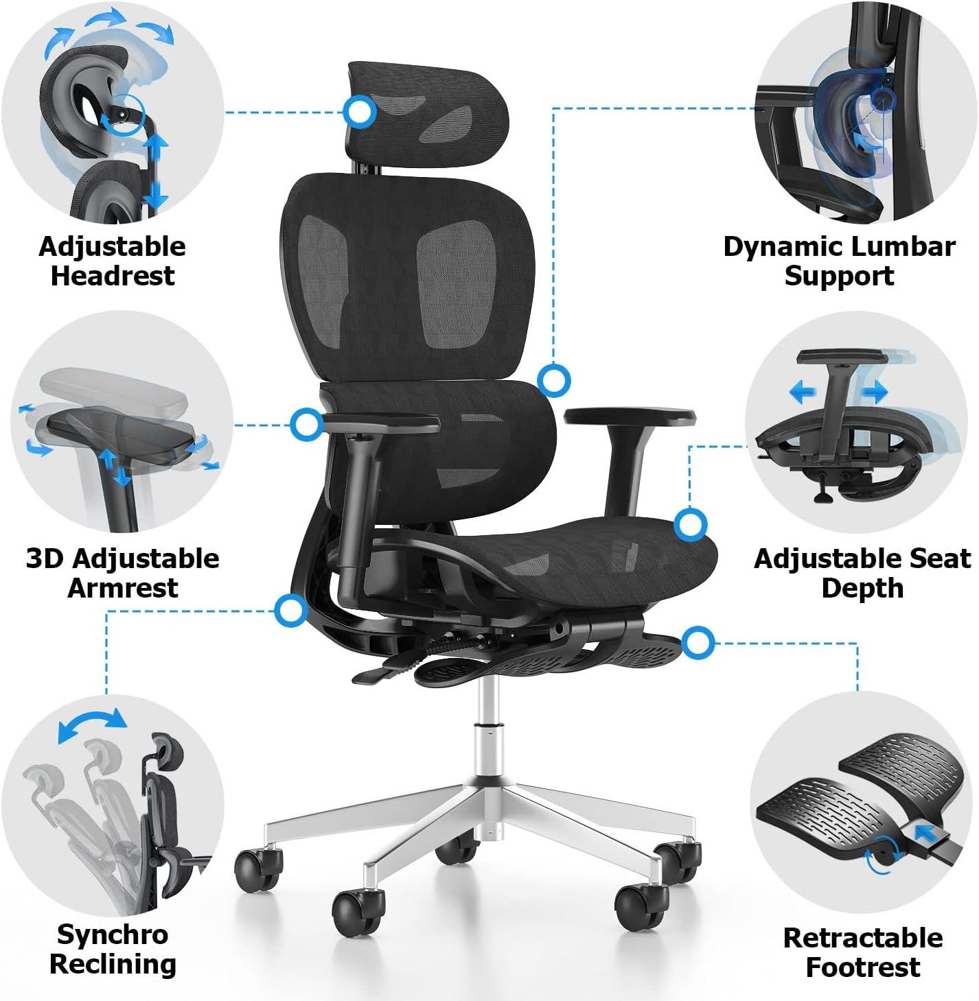 Ergonomic Mesh Office Chair with 3D Adjustable Armrest,Plastic Frame High Back Desk Computer Chair Ergo3D Ergonomic Office Chair with Wheels for Home & Office Black