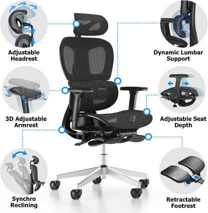 Ergonomic Mesh Office Chair with 3D Adjustable Armrest,Plastic Frame High Back Desk Computer Chair Ergo3D Ergonomic Office Chair with Wheels for Home & Office Black