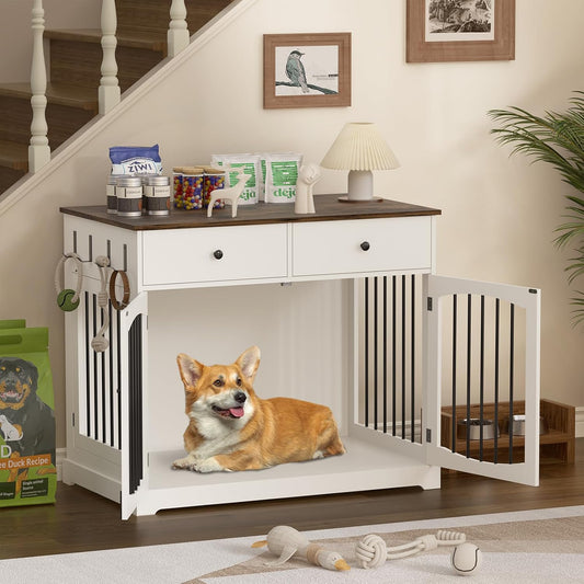 40 Inch Furniture-Style Dog Crate-Multipurpose Wood Pet Crate Furniture with Double Doors,2 Drawers, Decorative Dog House Indoor for Smal/Medium Dogs, White Finish