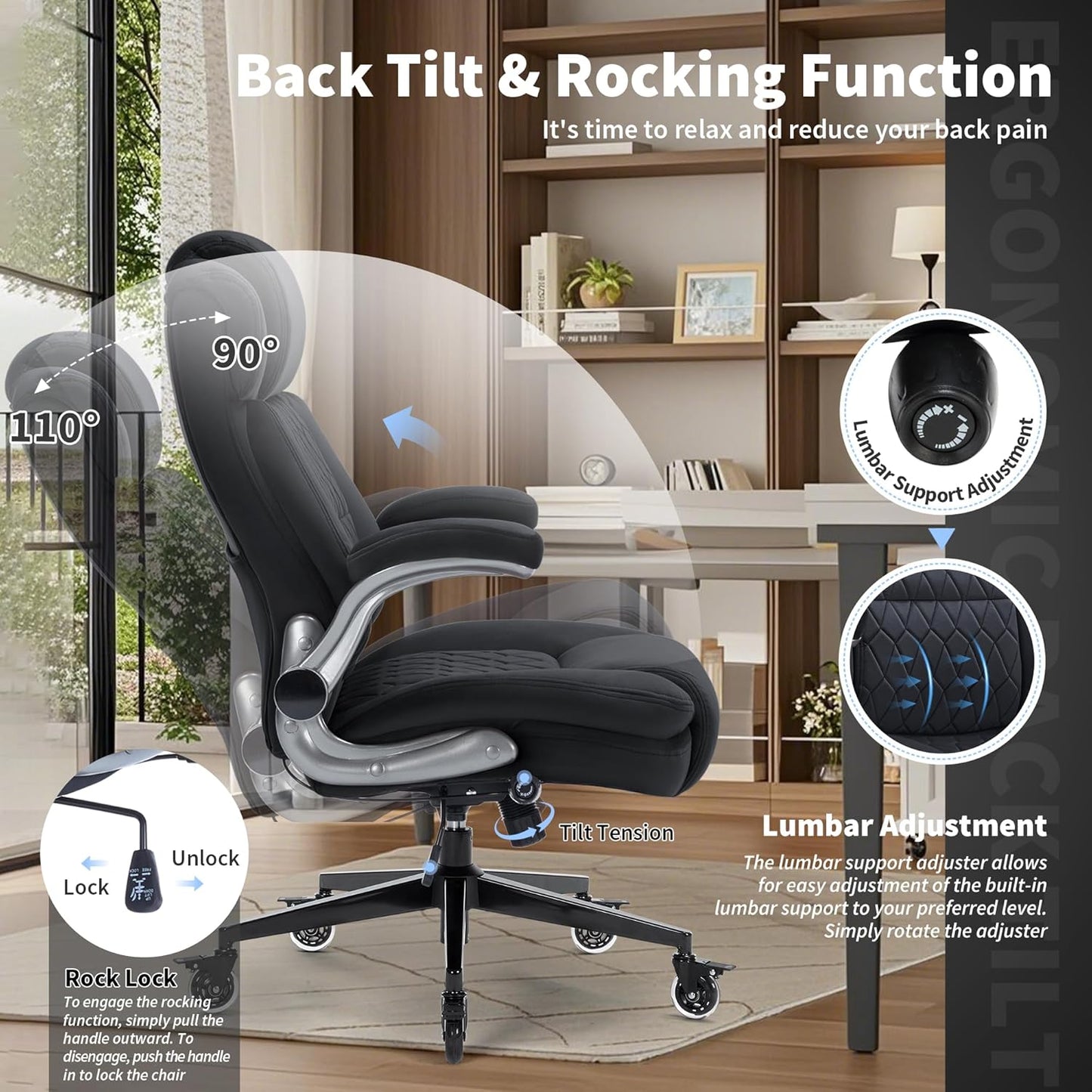 Fabric High Back Office Chair 400Lbs-Adjustable Built-In Lumbar Support，Flip Arms, Locking Wheels-Ergonomic Computer Desk Chair with Heavy Duty Base，Thick Padded Large Work Chairs for Adults Men Women