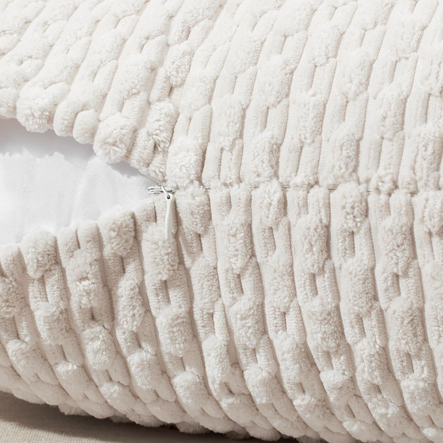 Throw Pillow Covers 18X18 Inch, Set of 2, Soft Corduroy Boho Stripe Decorative Pillow Cover, Couch Fluffy Pillow Cover for Farmhouse Home Decor Bed Living Room, Beige