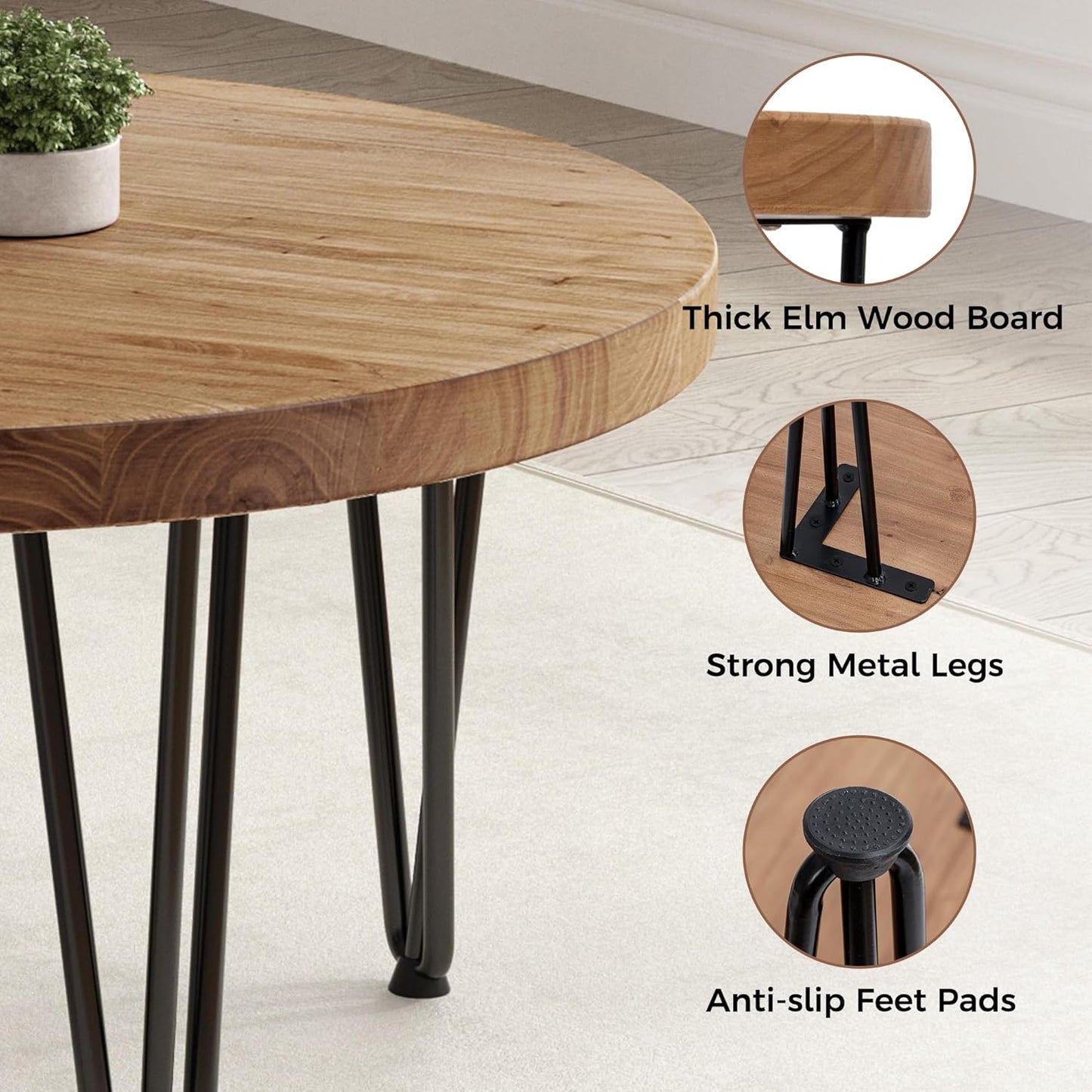 Rustic Wood round Coffee Table with Metal Legs, Solid Elm Wood Top and Non-Slip Feet Pads - Farmhouse Style for Living Room, Natural
