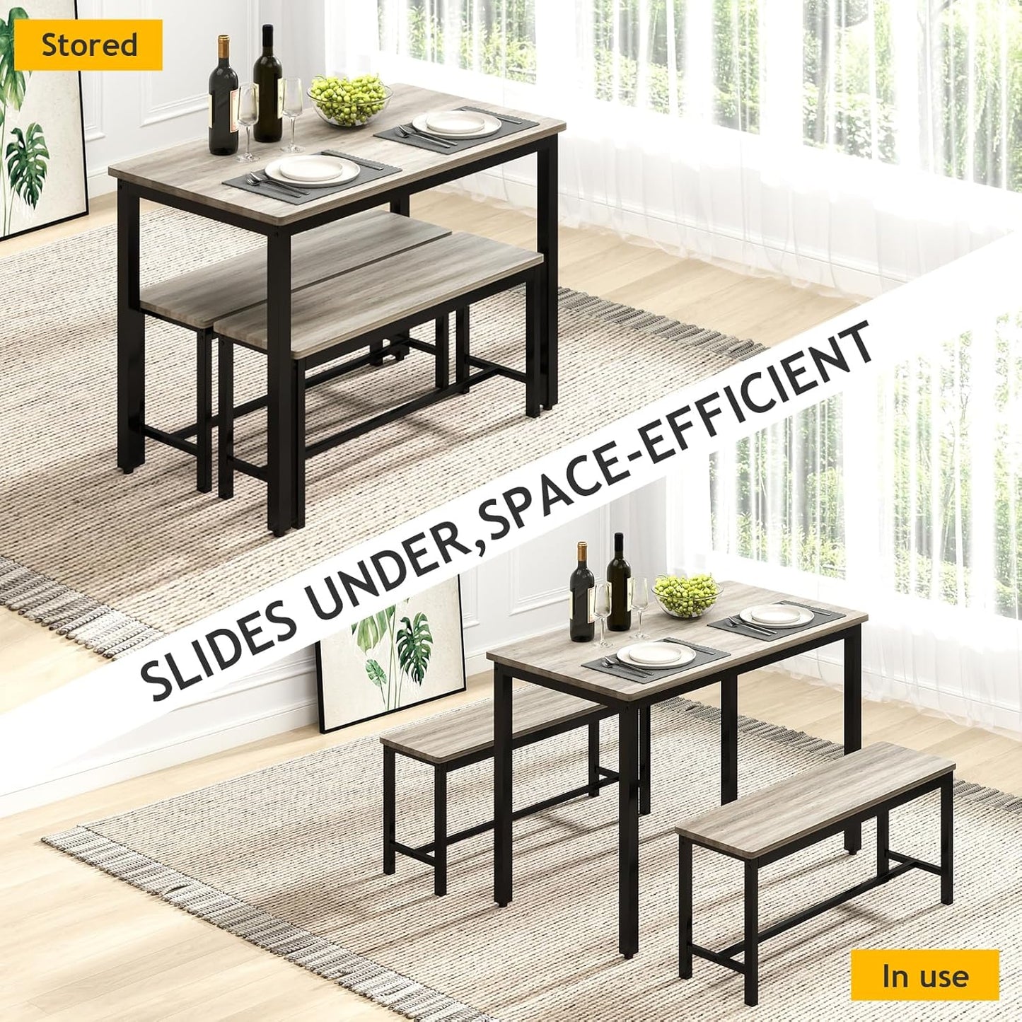 Dining Room Table Chairs Set for 4, Modern Space Saving Kitchen Table with 2 Benches & Adjustable Feet Breakfast Table, Farmhouse Wooden Industrial Style, 43", Grey