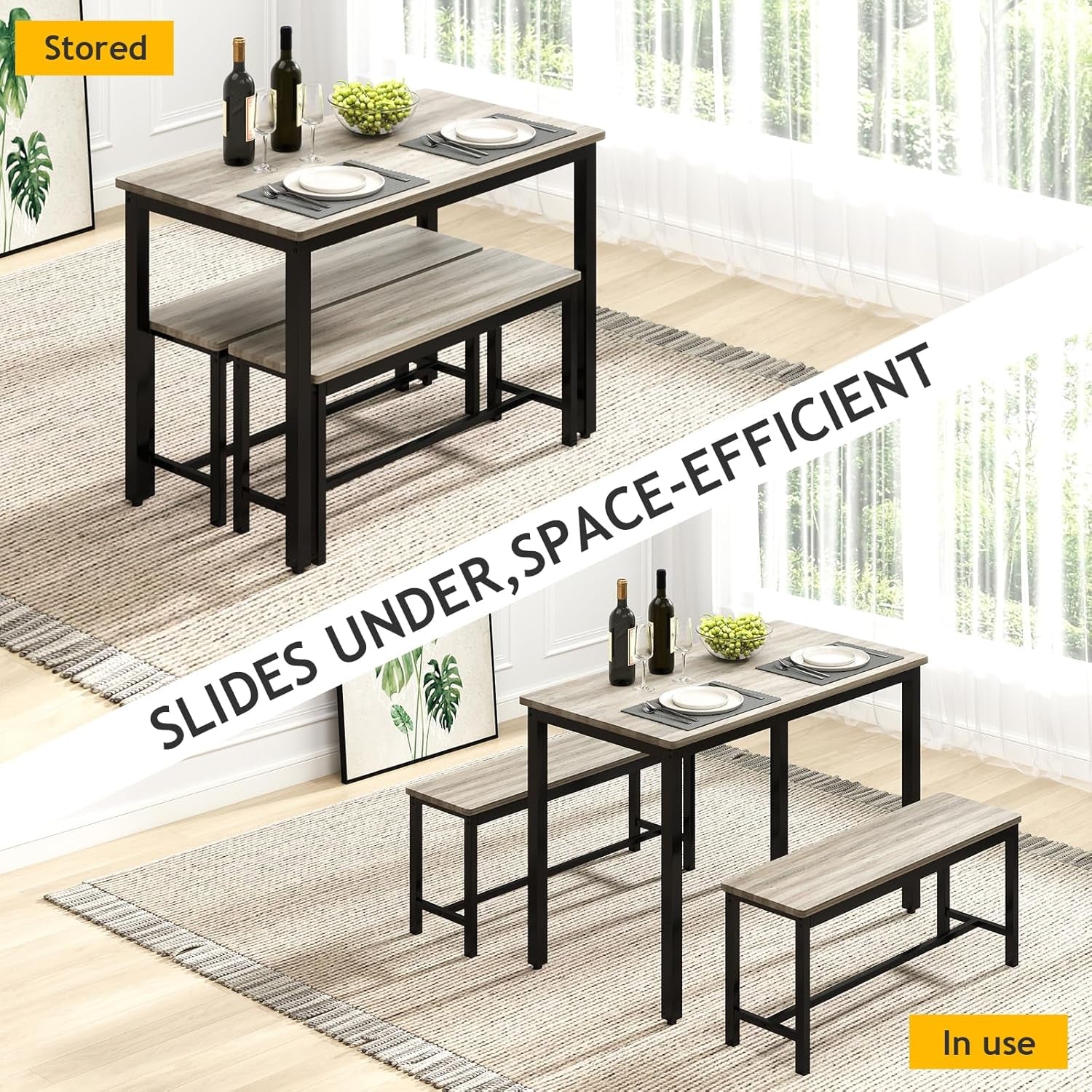 Dining Room Table Chairs Set for 4, Modern Space Saving Kitchen Table with 2 Benches & Adjustable Feet Breakfast Table, Farmhouse Wooden Industrial Style, 43", Grey