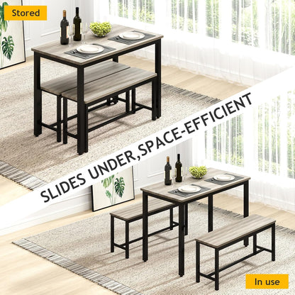 Dining Room Table Chairs Set for 4, Modern Space Saving Kitchen Table with 2 Benches & Adjustable Feet Breakfast Table, Farmhouse Wooden Industrial Style, 43", Grey
