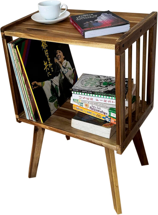 Record Player Stand Stores up to 100 LP Albums. Vinyl Record Display Holder for Living Room Bedroom, Turntable Stand, Record Player Table, End Table Made of 100% Natural Solid Wood (BROWN RUSTIC)