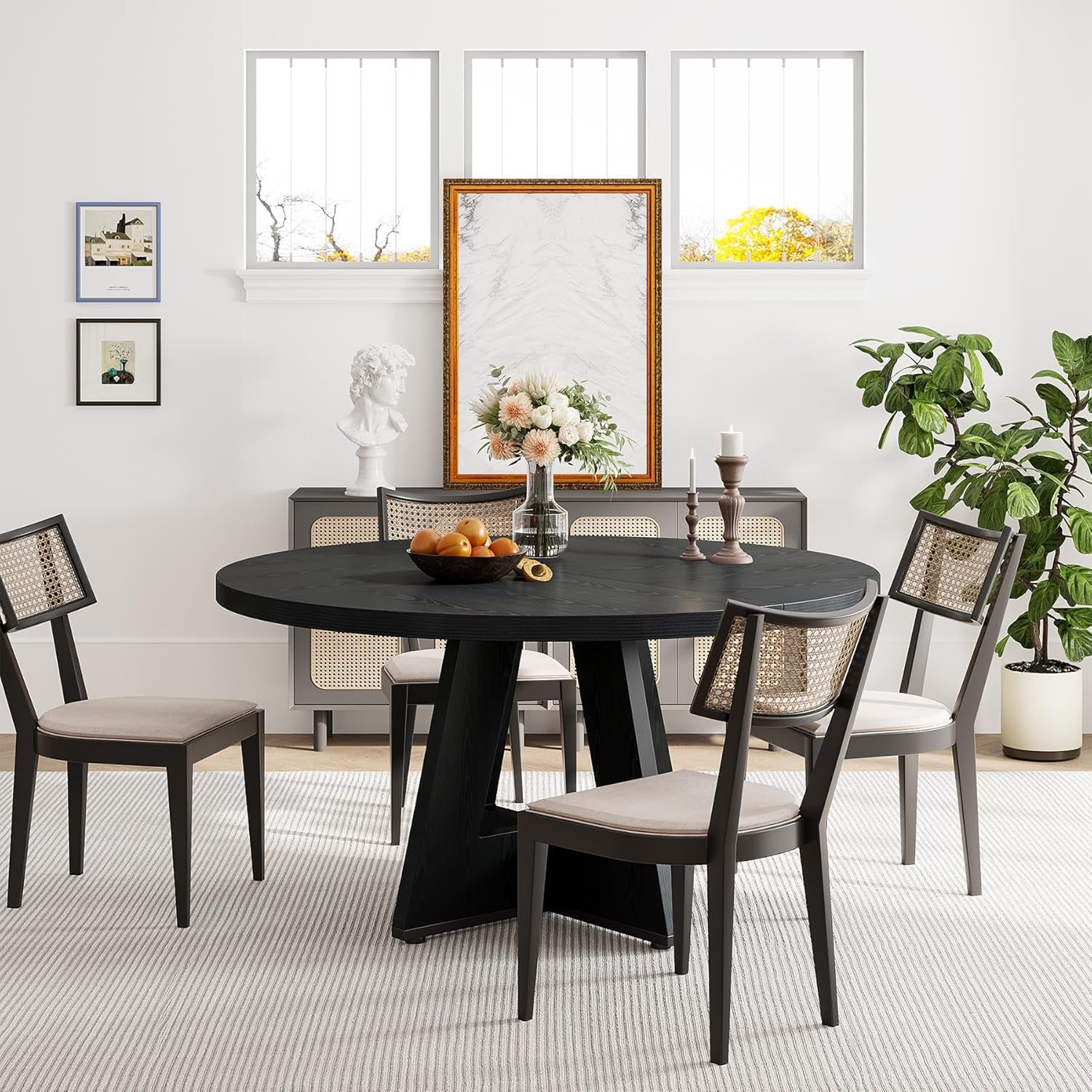 round Dining Table Wood Kitchen Table for Dining Room, 47 in Dinning Room Tables for 4 Man, Farmhouse Dinner Table with Wooden Tabletop and Cross Base, Black