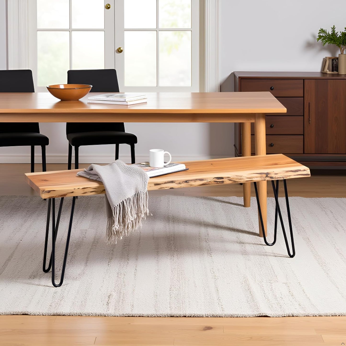 48” Live Edge Dining Bench – Rustic Industrial Farmhouse Solid Acacia Wood with Metal Hairpin Legs – Ideal for Dining Room, Kitchen, or Entryway