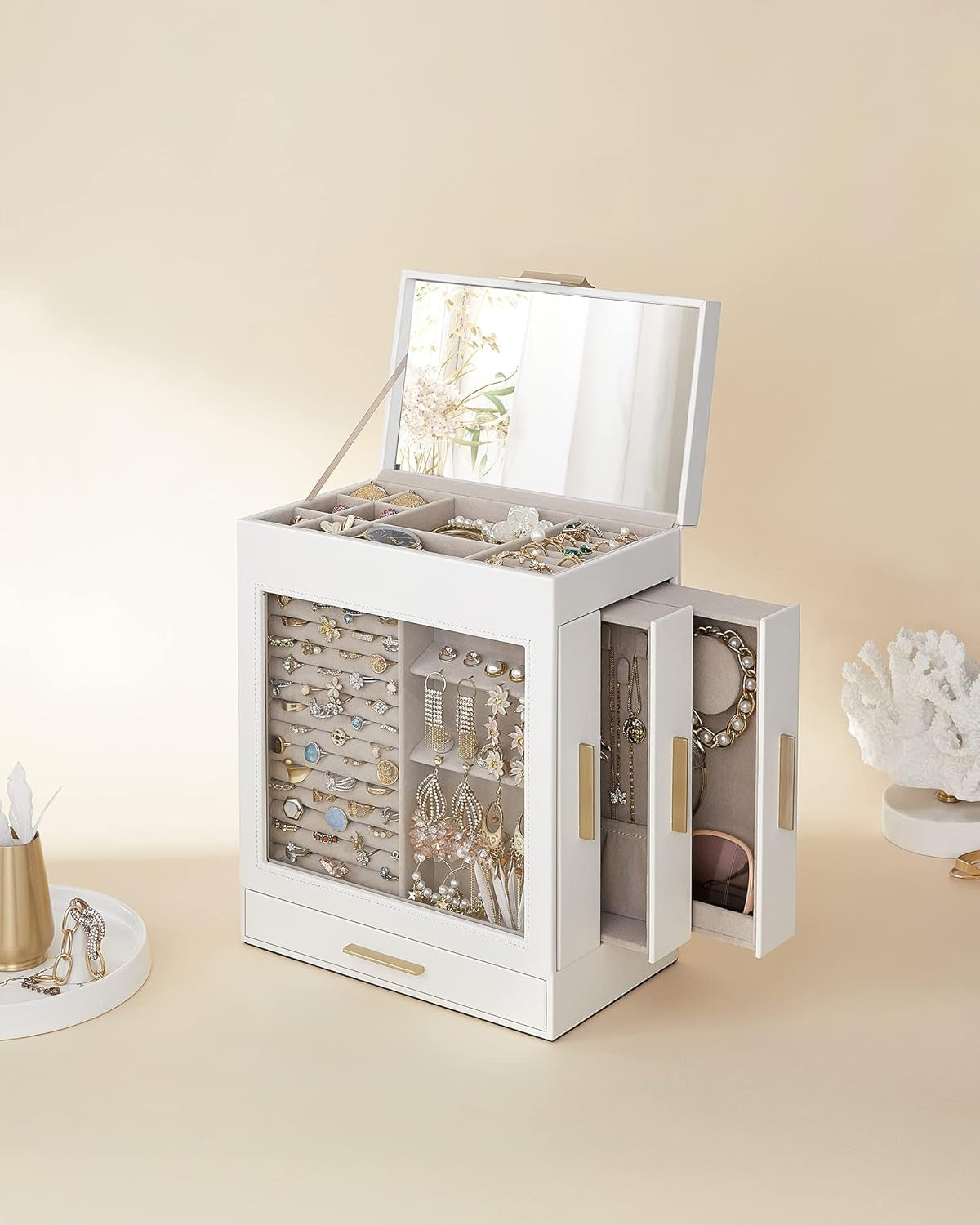 Jewelry Box with Glass Window, 5-Layer Jewelry Organizer with 3 Side Drawers, Jewelry Storage, with Big Mirror, Modern, 6.1 X 10.3 X 12.6 Inches, Cloud White and Metallic Gold UJBC162W01