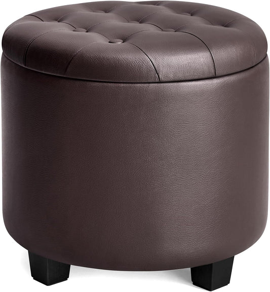 round Ottoman, Ottoman with Storage, 17.7 X 17.7 X 17.5 Inches, Foot Rest with Legs, Synthetic Leather, Load up to 330 Lb, for Living Room, Bedroom, Chestnut Brown ULOM014K01