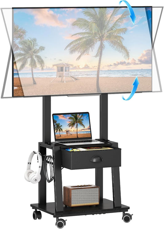 Mobile TV Stand with Drawer for 23-60 Inch Flat/Curved Screen,Tilt Rolling TV Cart on Wheels with 2 Shelves Adjustable Height Portable TV Stand Holds up to 50 Lbs for Indoor Outdoor Max VESA 400X400Mm