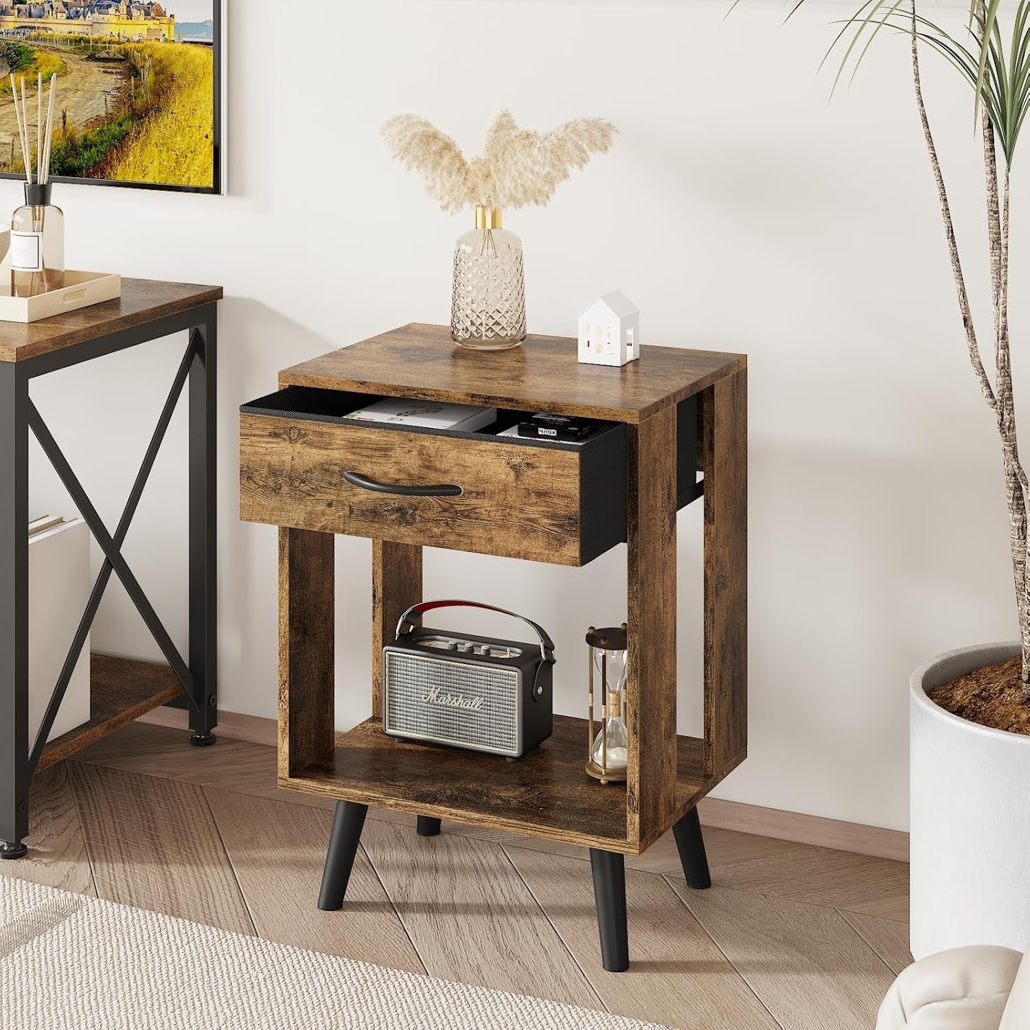 Nightstand Set of 2 with Fabric Drawers and Open Shelves - Rustic Bedroom Side Tables