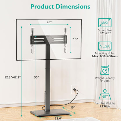 Floor TV Stand with Power Outlet, Tall TV Stand Mount for 32-75 Inch TV up to 110 Lbs, Swivel and Height Adjustable TV Stands with Wood Base for Bedroom, Office(Tvdvd-7P), Black