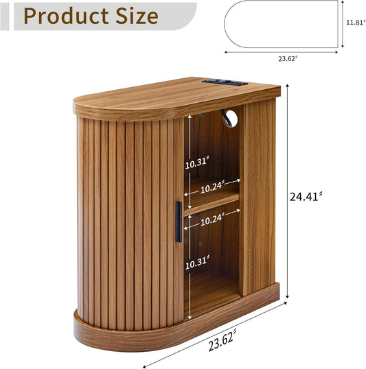 Small End Table, Narrow Side Table, Skinny Nightstand with Charging Station, Mid-Century Modern Curved Fluted Bedside Table with Door and Shelf for Small Spaces,Living Room,Bedroom,Walnut