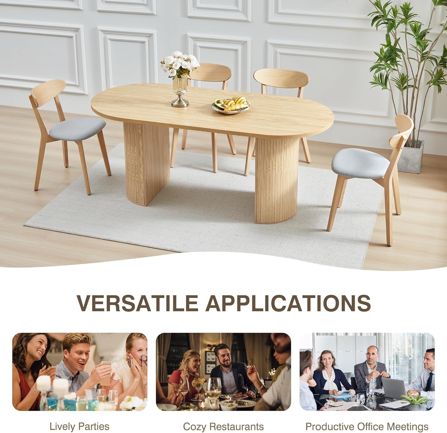 70.8 Inch Dining Table for 4-6 People, Oval Kitchen Table with Semi-Cylindrical Legs Base, Modern Farmhouse round Dinner Tables for Dining Room Kitchen Living Room (Natural)