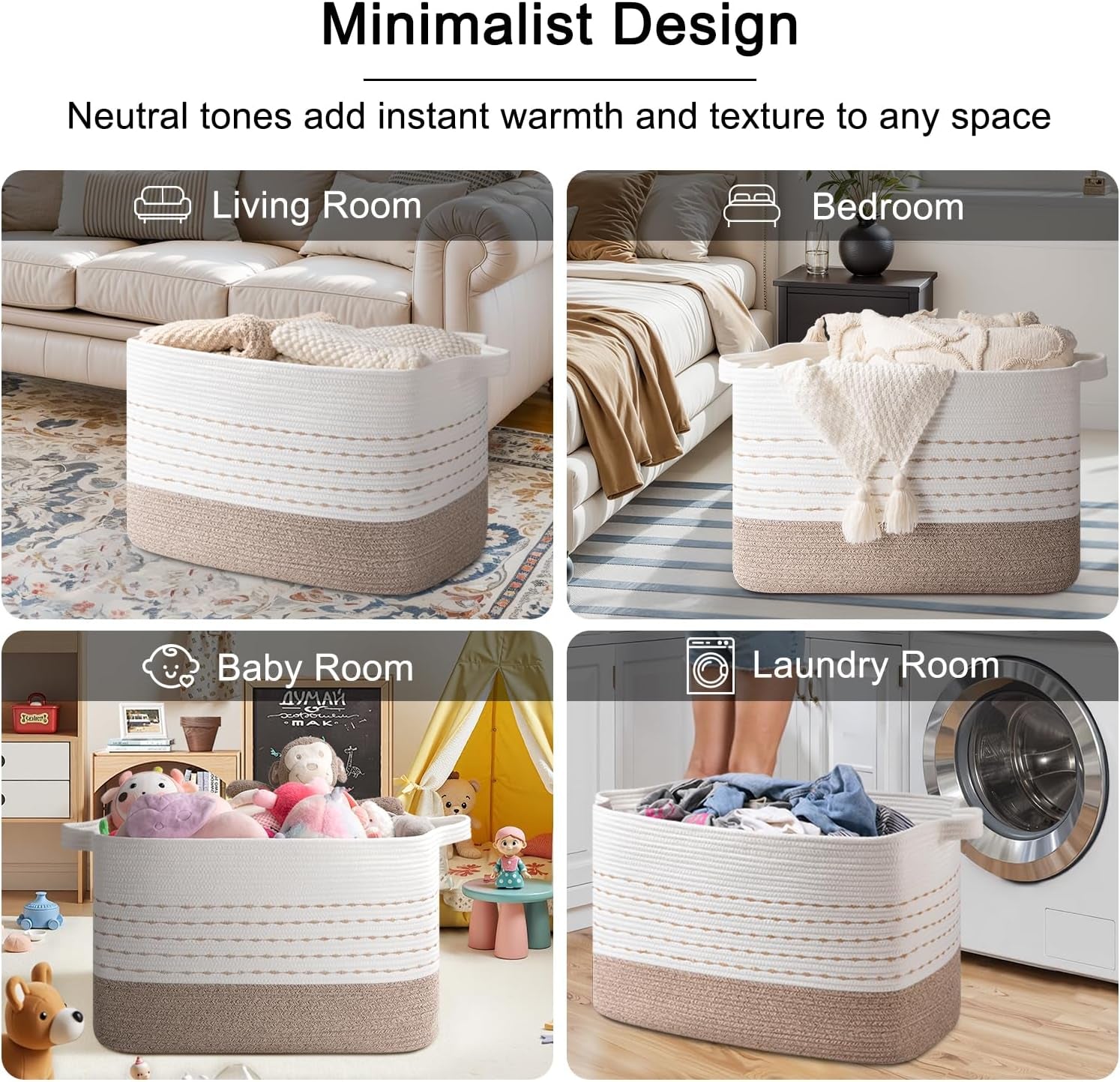 108L Extra Large Blanket Basket, 25”X16”X16” Rectangle Woven Cotton Rope Baskets for for Living Room, Toy Storage with Handle- Gradient Light Brown
