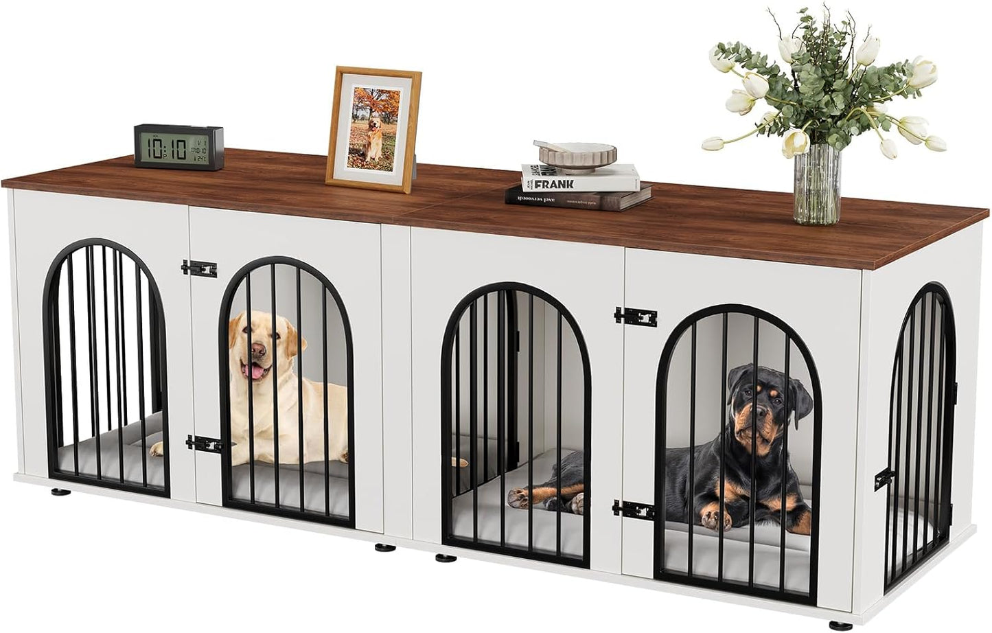 Dog Crate Furniture for 2 Dogs, 71" Dog Kennel Indoor with Cushions, XXL Wooden Dog Crates TV Stand with Removable Divider, Large Double Dog Crate End Table